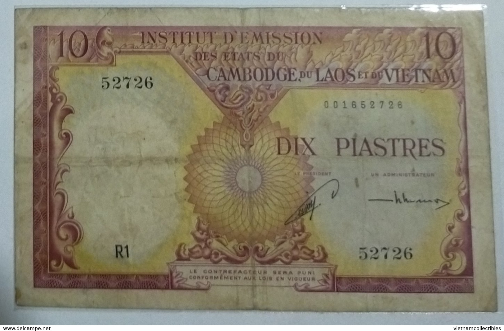 Indochina Indochine Vietnam Viet Nam Laos Cambodia 10 Piastres VF Banknote Note / Billet 1953 - Pick# 96a - Indochine