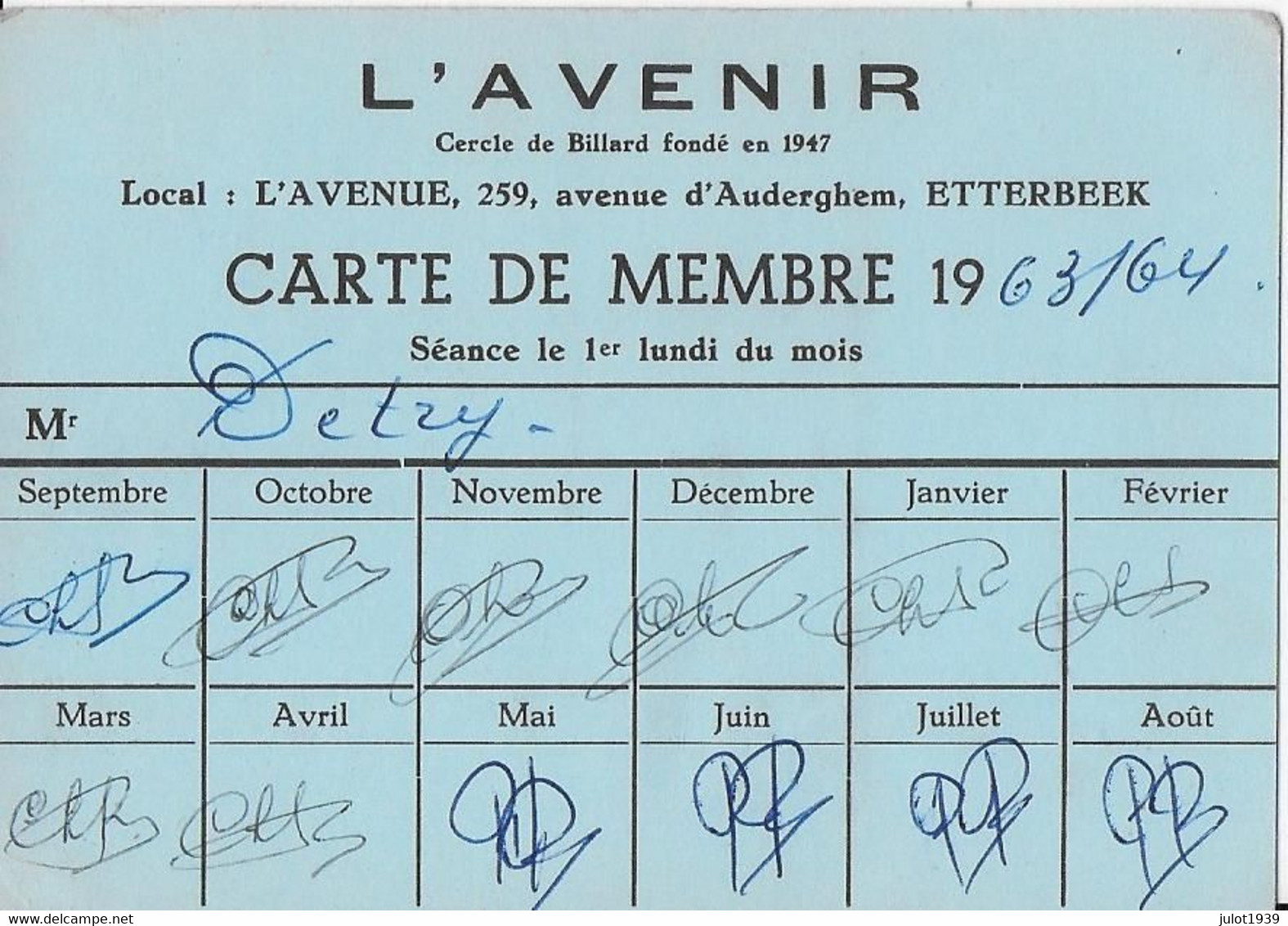 CB .  ETTERBEEK ..-- CARTE De MEMBRE  Cercle De BILLARD L' AVENIR . - Etterbeek