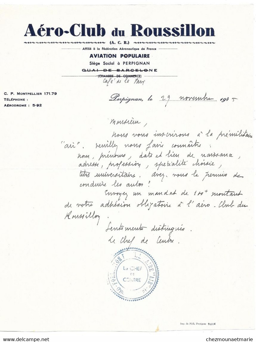 1945 PERPIGNAN - AERO CLUB DU ROUSSILLON AVIATION POPULAIRE - DOCUMENT A ENTETE - Documents Historiques