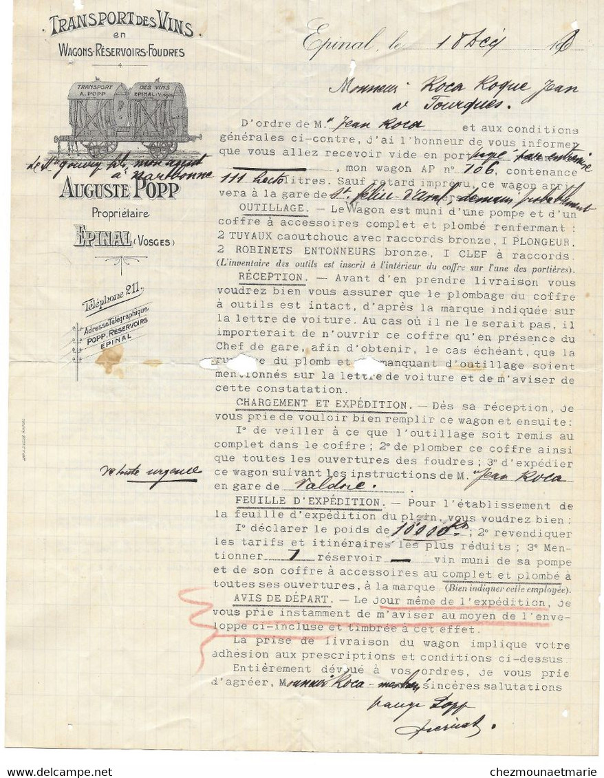 1908 EPINAL - TRANSPORT DE VINS AUGUSTE POPP - DOCUMENT A ENTETE - Documents Historiques