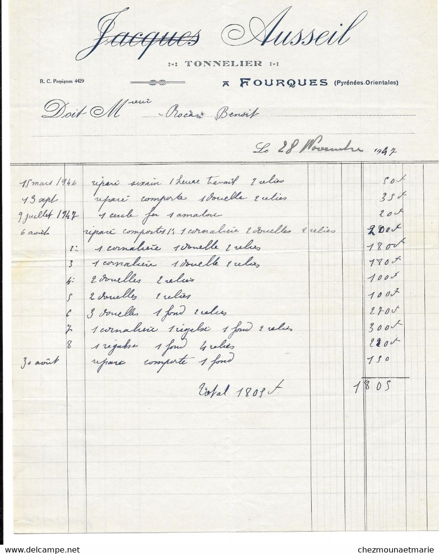 1947 FOURQUES (66)  - TONNELIER JACQUES AUSSEIL - DOCUMENT A ENTETE - Documents Historiques