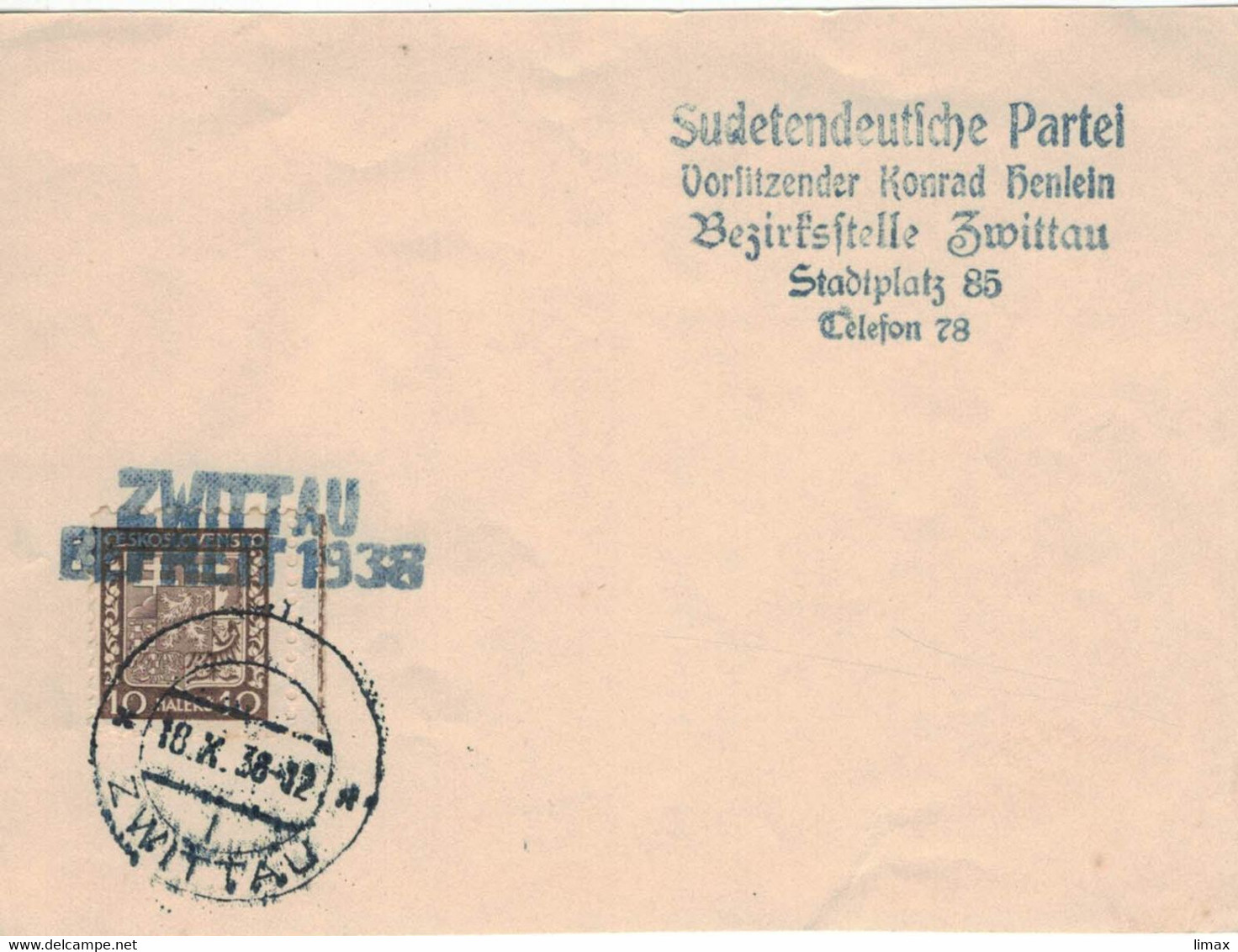 Sudetendeutsche Partei Konrad Henlein Zwittau - 18.10.1938 - Befreit 1938 !!! Scan Ansehen!! - Cartas & Documentos