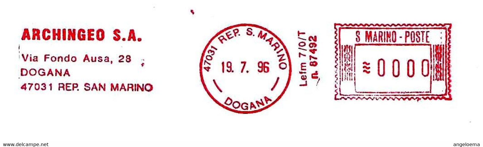 SAN MARINO - 1996 ARCHINGEO Cancelleria - Ema Affrancatura Meccanica Red Meter Su Busta Non Viaggiata - 1999 - Lettres & Documents