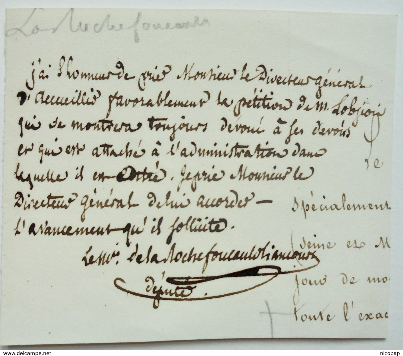 Note écrite Et Signée Par Le Marquis De La Rochefoucauld-Liancourt, Député - Andere & Zonder Classificatie