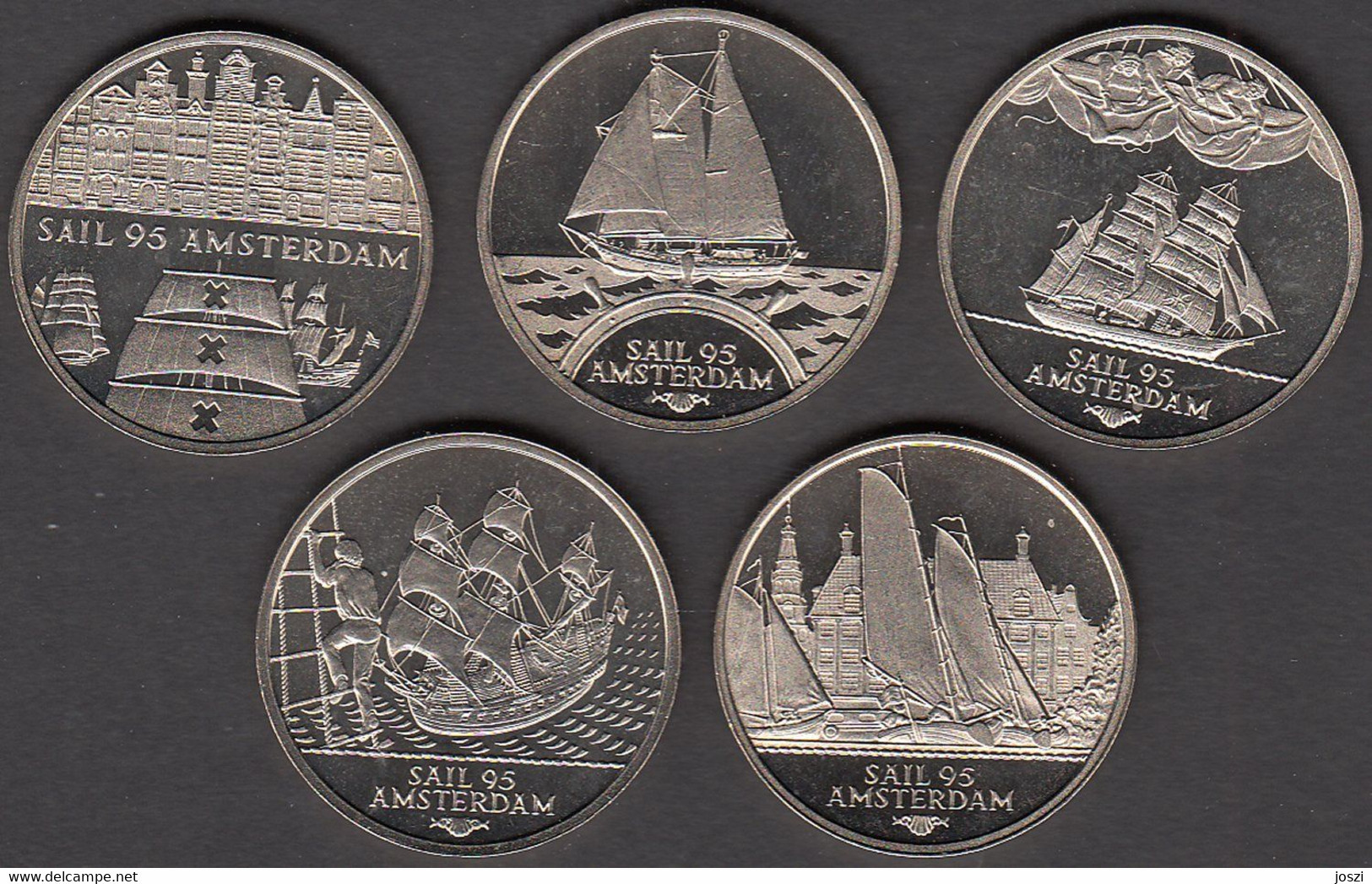 Nederland Set Penningen (5) Sail Amsterdam 1995 2 Ecu UNC - Souvenir-Medaille (elongated Coins)