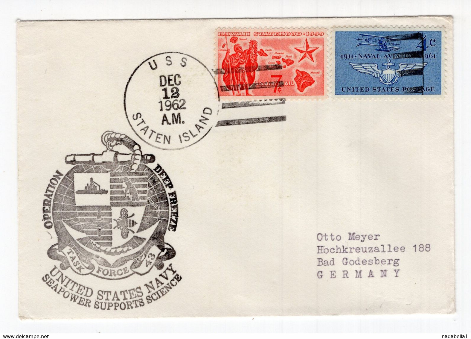 1962. USA, SPECIAL COVER, NAVY, STATEN ISLAND TO GERMANY, BEE - Souvenirkarten