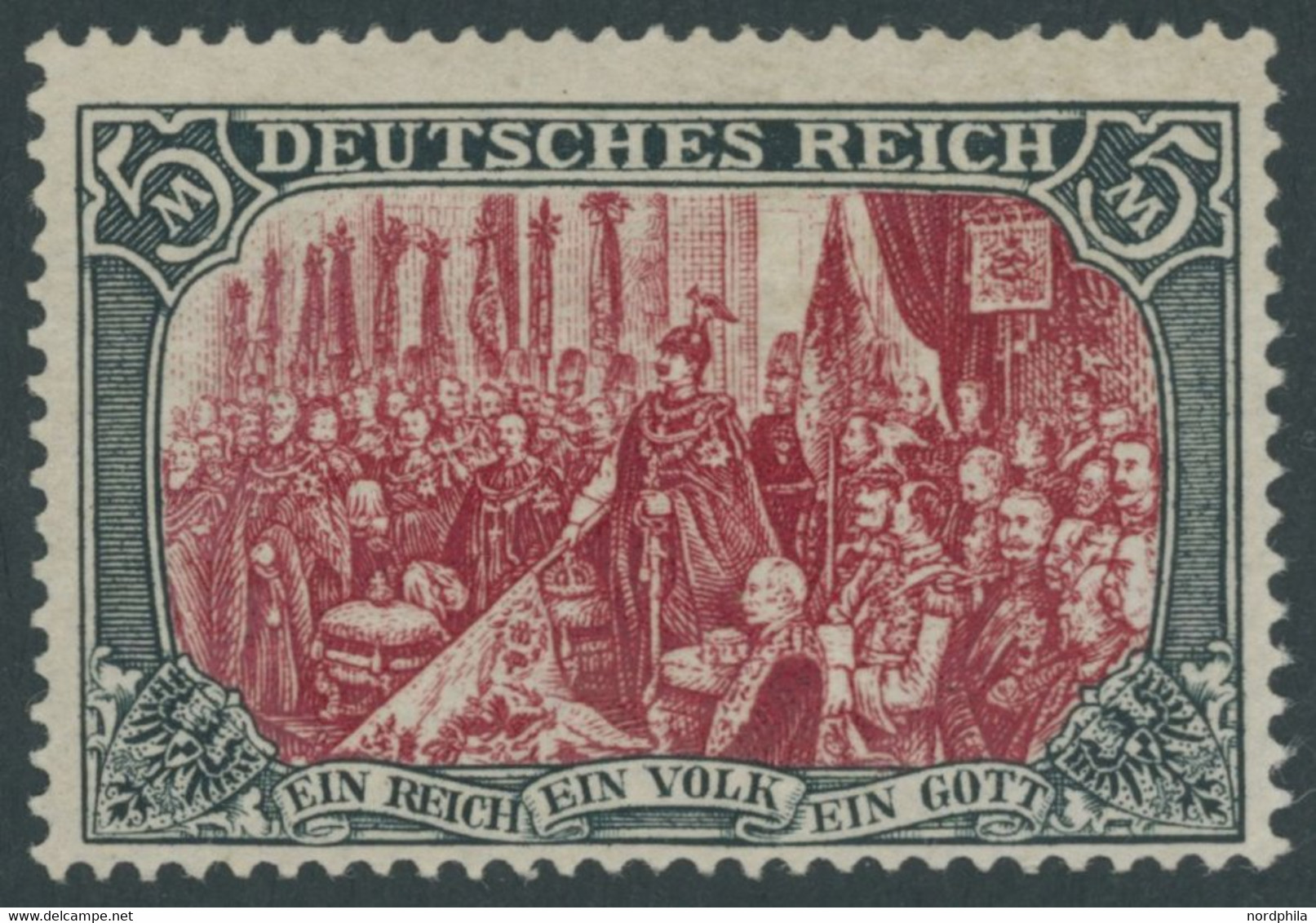Dt. Reich 81Ab *, 1902, 5 M. Grünschwarz/dunkelkarmin, Karmin Quarzend, Gezähnt A, Ohne Wz., Falzreste, Pracht, Mi. 350. - Unused Stamps