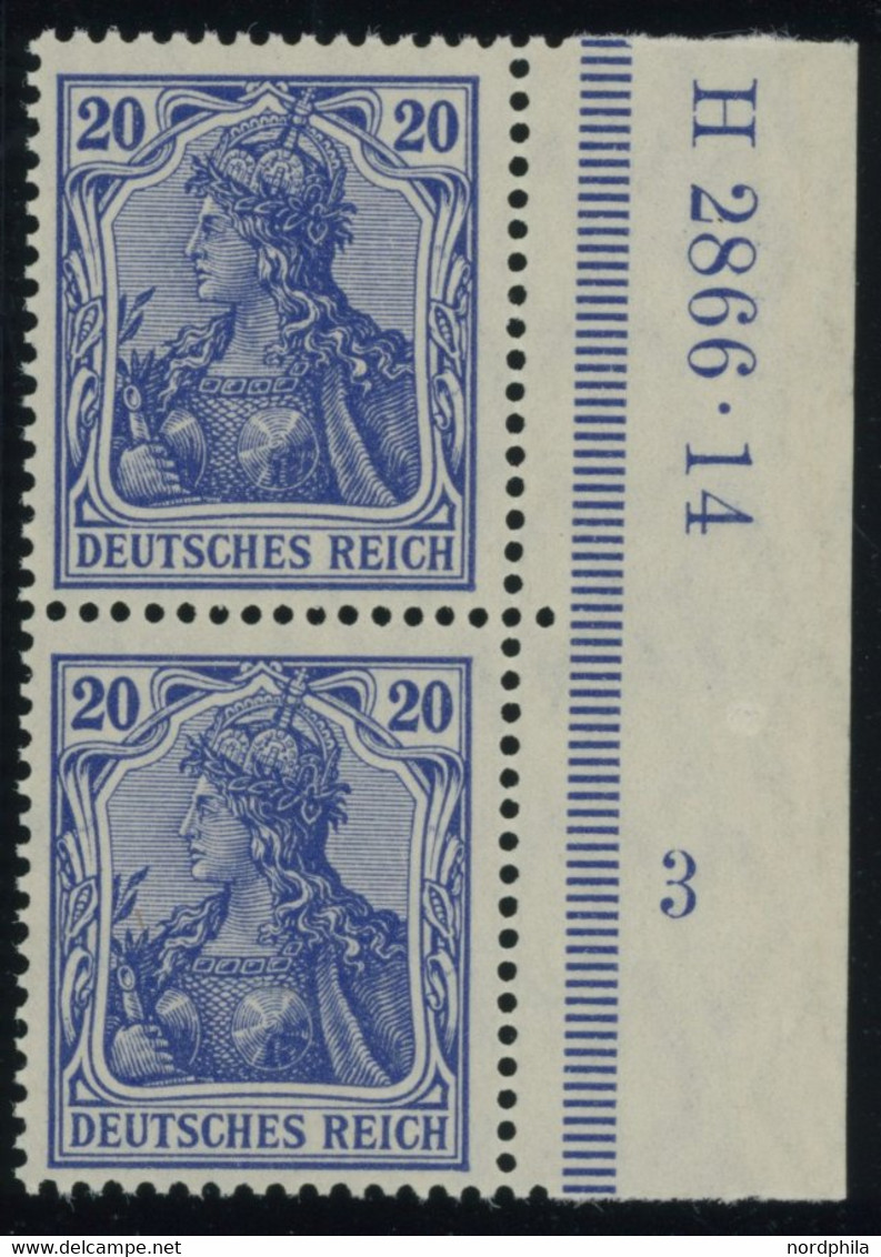 Dt. Reich 87Ia HAN Paar **, 1905, 20 Pf. Ultramarin Friedensdruck Im Senkrechten HAN-Paar H 2866.14 Und Plattennummer 3, - Unused Stamps