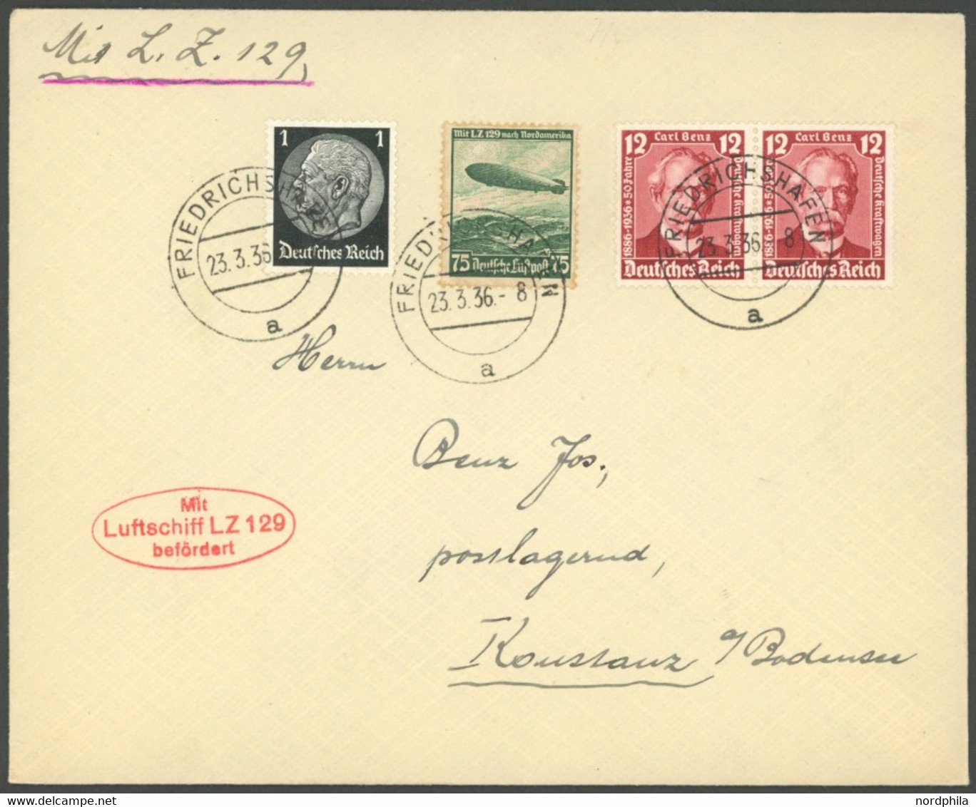 ZEPPELINPOST 401Ab BRIEF, 1936, 1. Postfahrt Hindenburg, Auflieferung Friedrichshafen, Prachtbrief Nach Konstanz/Bodense - Airmail & Zeppelin