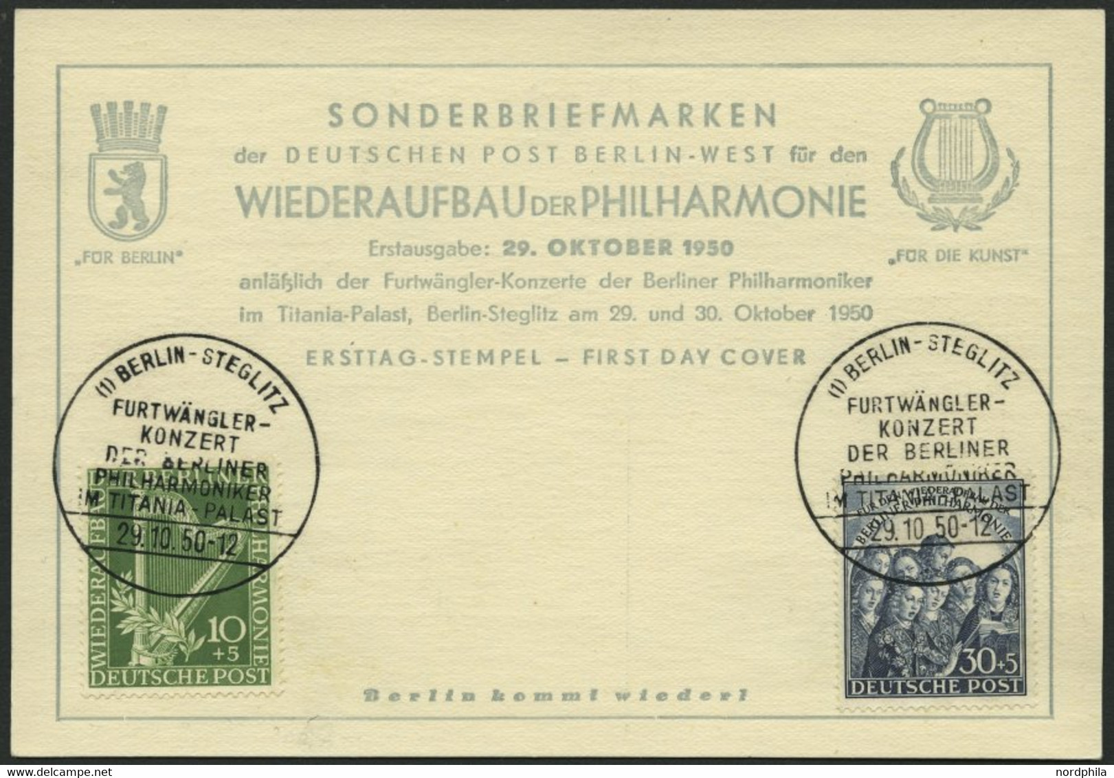 BERLIN 72/3 BRIEF, 1950, Philharmonie Auf Ersttagskarte, Pracht - Used Stamps