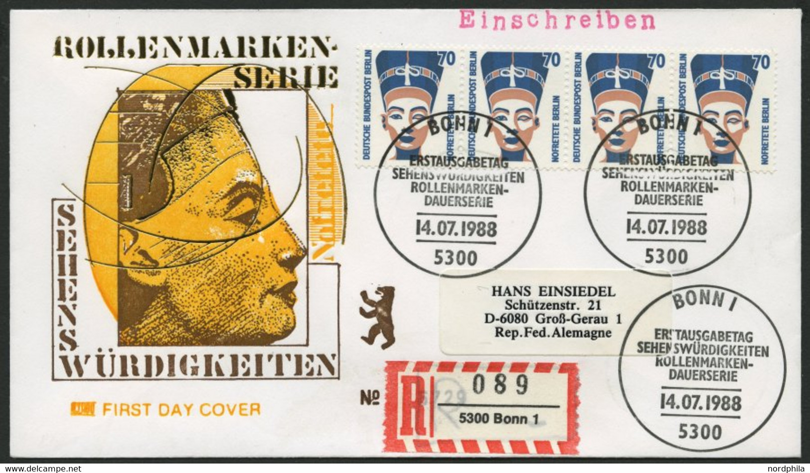 BERLIN 814 Paar BRIEF, 1988, 70 Pf. Nofretete Im Waagerechten Viererstreifen Als Portogerechte Mehrfachfrankatur Auf Ers - Used Stamps