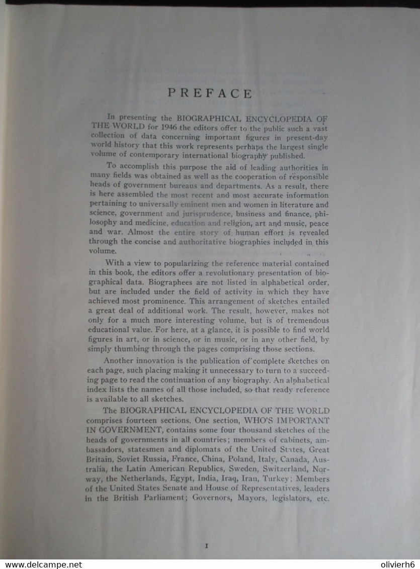 LIVRE (V1927) BIOGRAPHICAL ENCYCLOPEDIA OF THE WORLD 1946 (13 vues) Institut for research in biography inc.