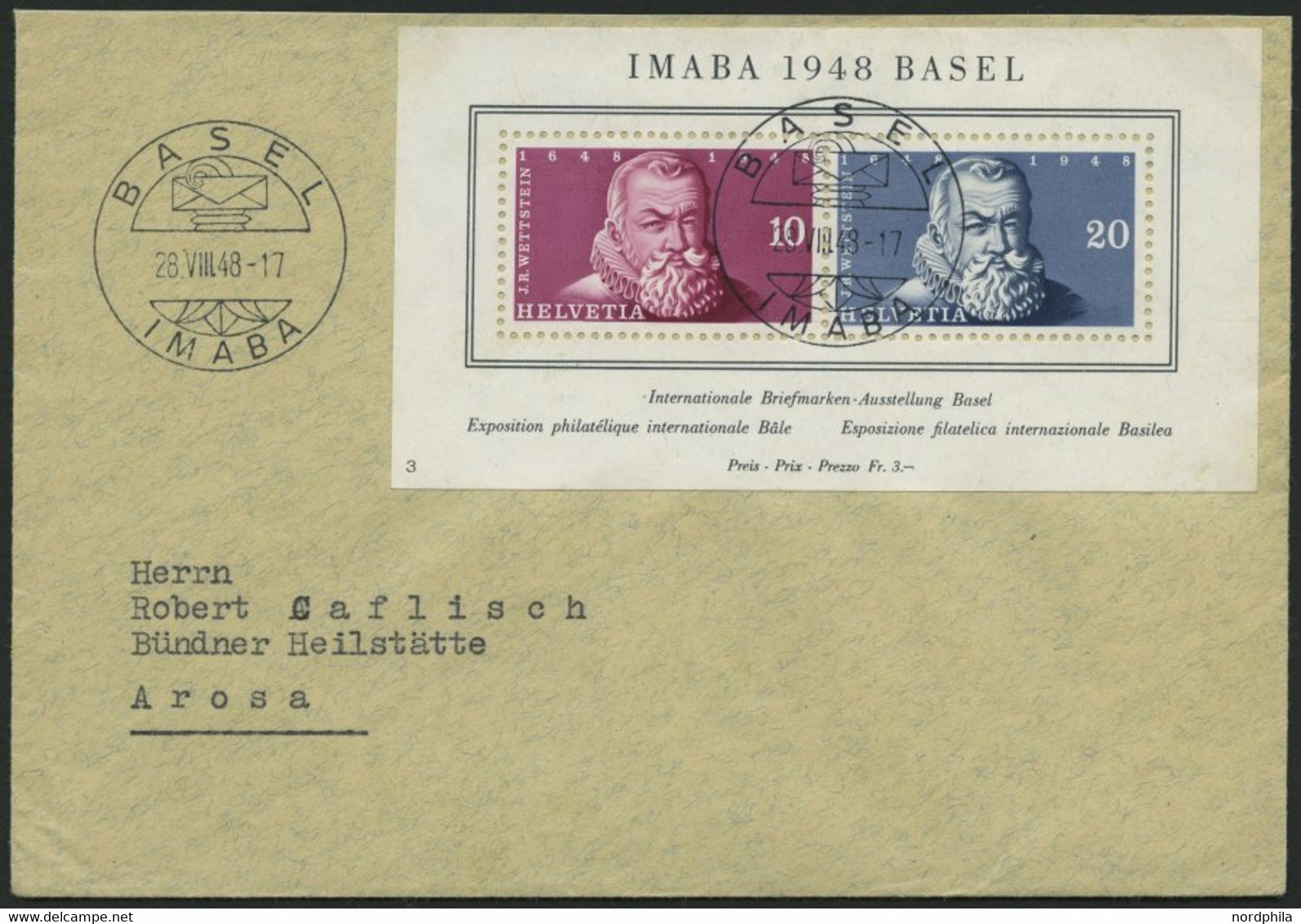 SCHWEIZ BUNDESPOST Bl. 13 BRIEF, 1948, Block IMABA Mit Sonderstempel Auf Brief, Pracht - Covers & Documents