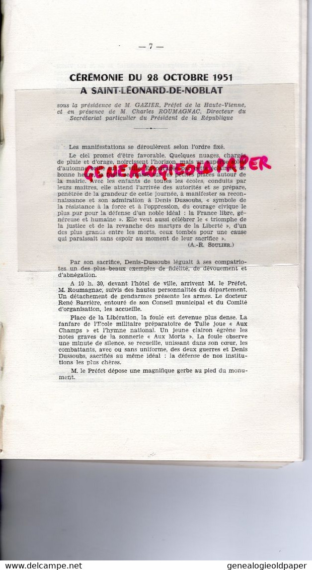 87- ST SAINT LEONARD NOBLAT- LIMOGES-CENTENAIRE MORT DENIS DUSSOUBS-1818-1851- IMPRIMERIE MONTIBUS 1951-DR RENE BARRIERE - Limousin