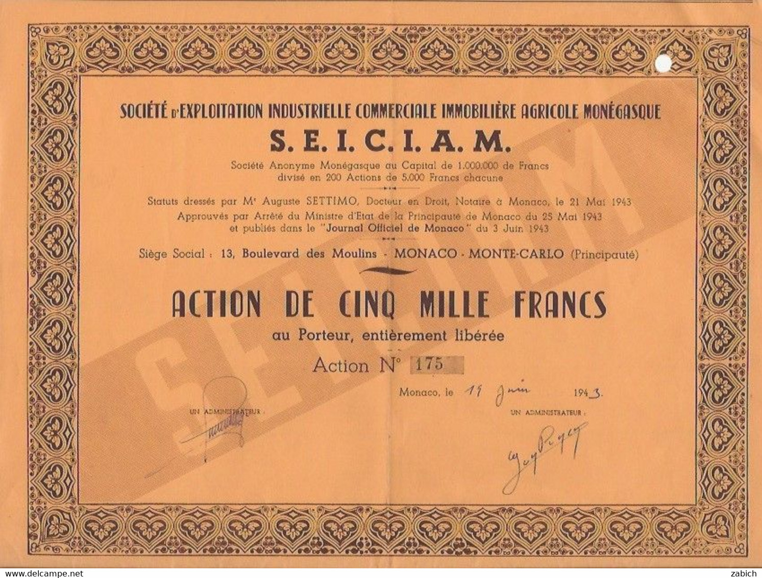 FISCAUX  MONACO RARE  ACTION DE 5000F DE LA SEICIAM MONTE CARLO 1943 - Steuermarken