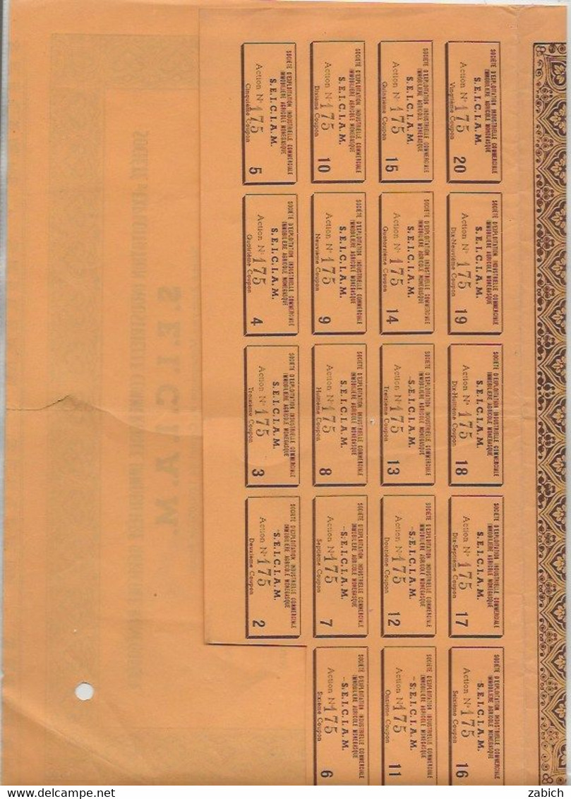 FISCAUX  MONACO RARE  ACTION DE 5000F DE LA SEICIAM MONTE CARLO 1943 - Fiscale Zegels