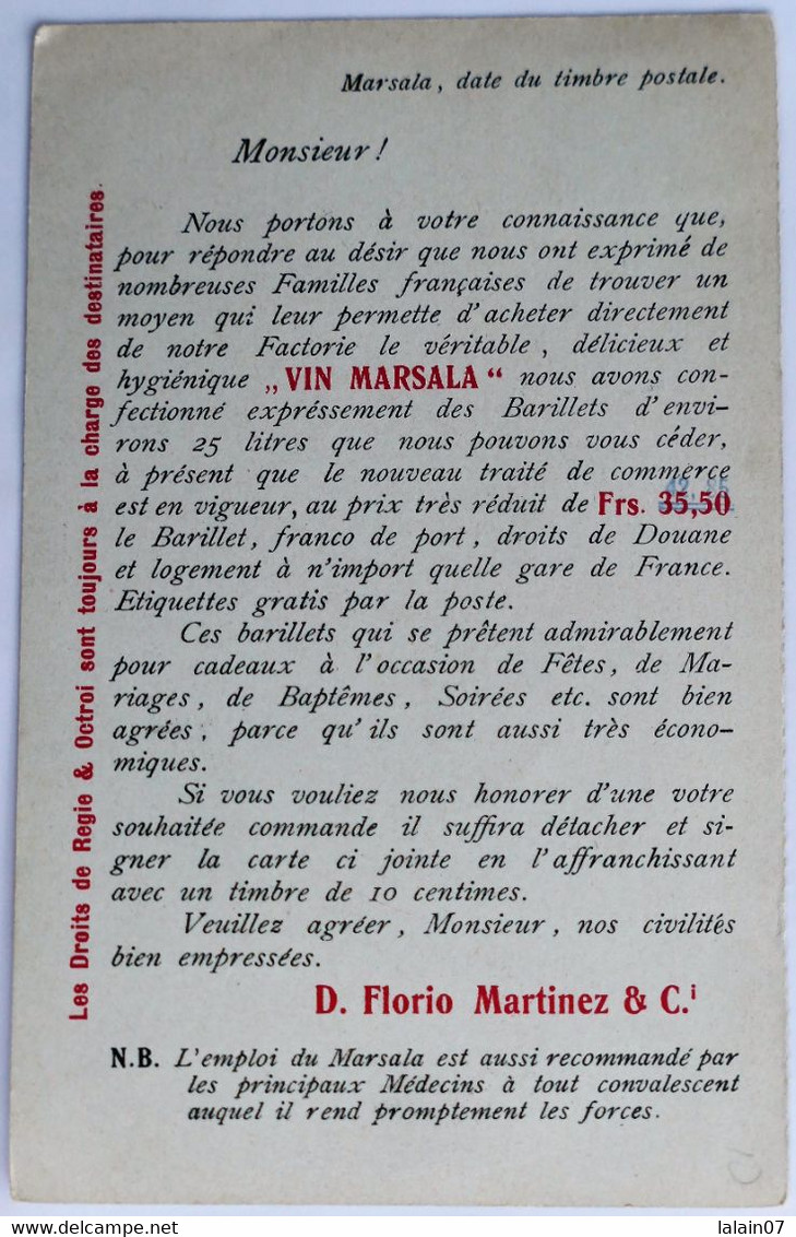 C. P. A. : Sicilia : Grands Vins Fins De MARSALA, D. Florio Martinez, Timbre En 1909 - Marsala