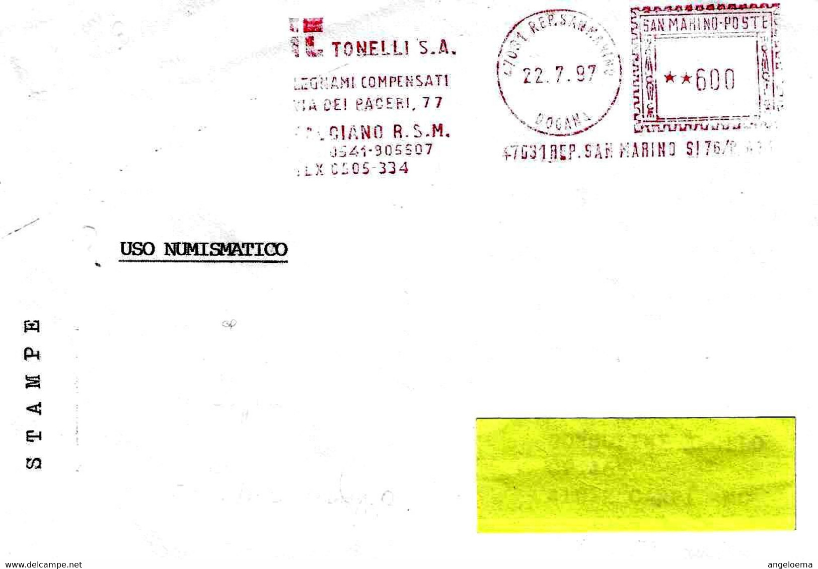 SAN MARINO - 1997 IT TONELLI Legnami - Ema Affrancatura Meccanica Rossa Red Meter Su Busta Viaggiata - 2001 - Cartas & Documentos