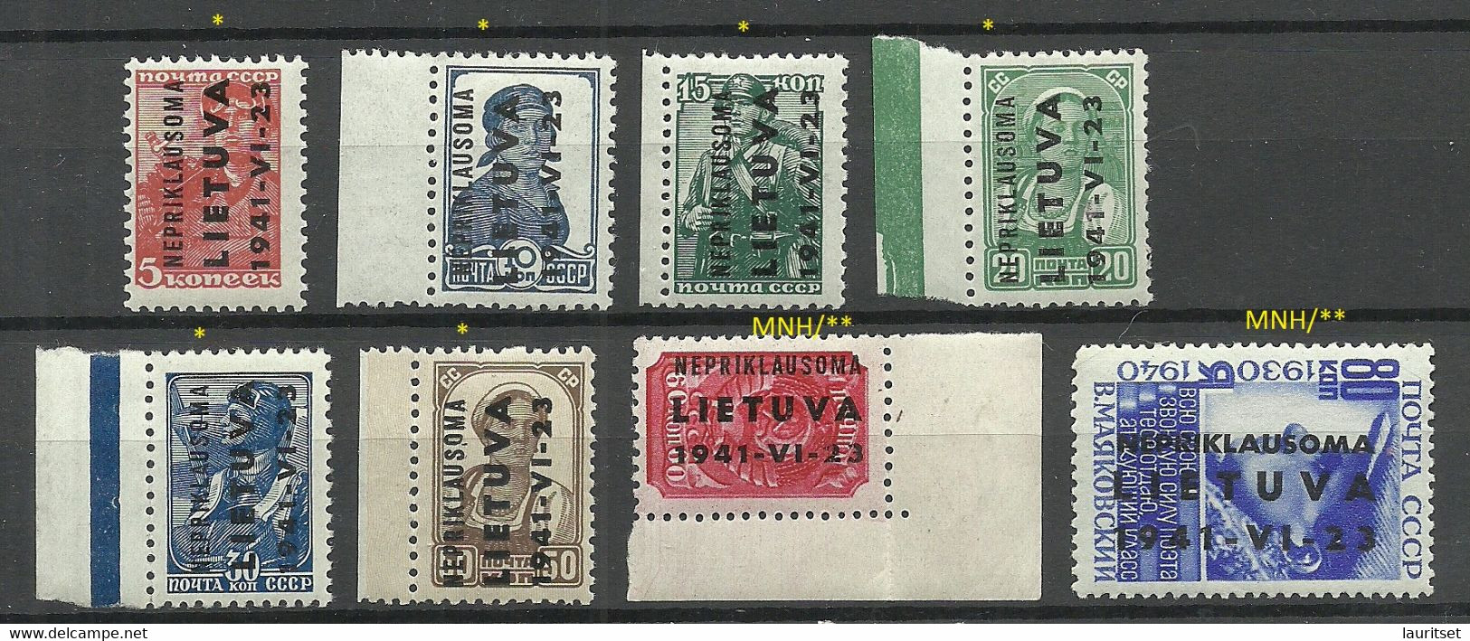 LITAUEN Lithuania 1941 German Occupation Landespost NEPRIKLAUSOMA Michel 2 - 9 MNH/MH - Lituanie