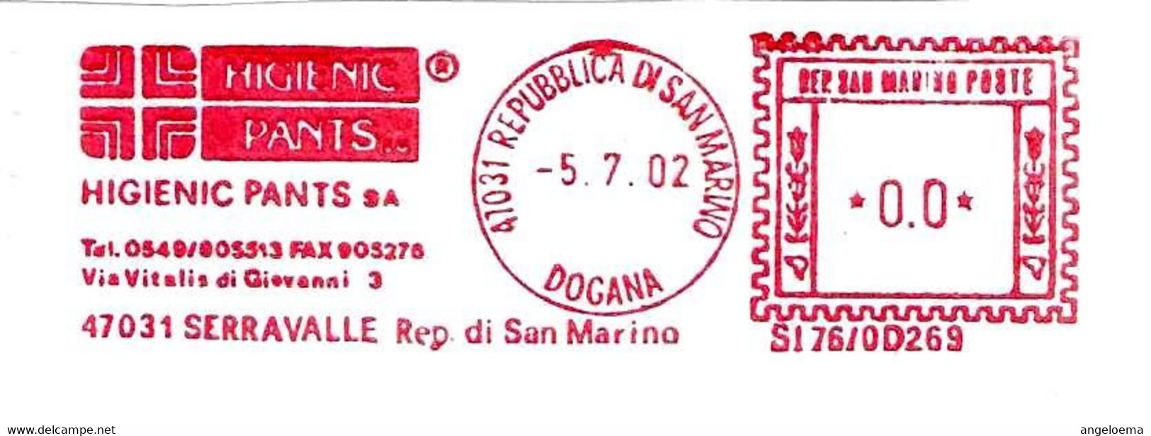 SAN MARINO - 2002 HIGIENIC PANTS - Ema Affrancatura Meccanica Rossa Red Meter Su Busta Non Viaggiata - 2009 - Covers & Documents