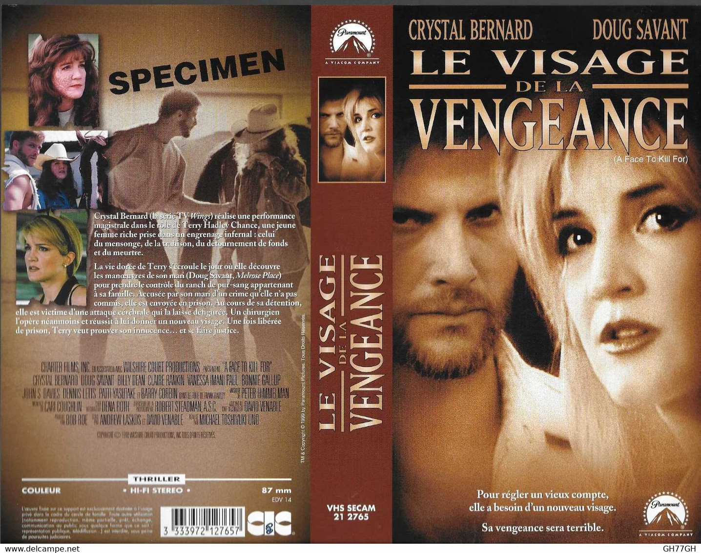 "LE VISAGE DE LA VENGEANCE" -jaquette SPECIMEN Originale CIC VIDEO -a Face To Kill For - Action, Aventure