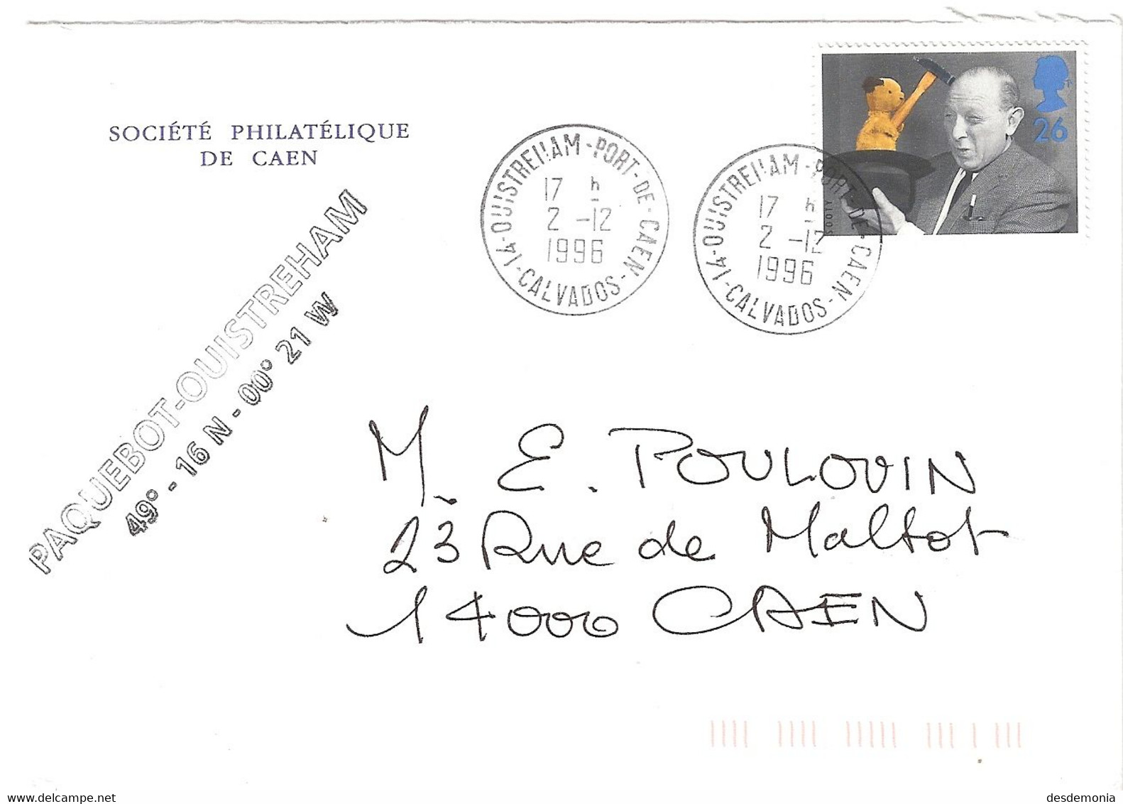 Grande Bretagne 1911 Marionnette Seul Sur Lettre  - TàD Paquebot Ouistreham – Port De Caen - Marionnettes