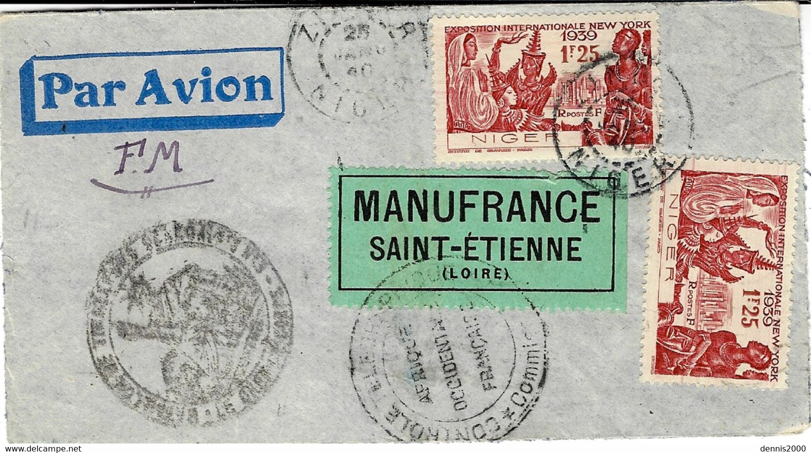 1940- Enveloppe En F.M.  Affr. à 2,50 F. ( Taxe Avion ) Censure Française De L'A O F Pour St Etienne - Storia Postale