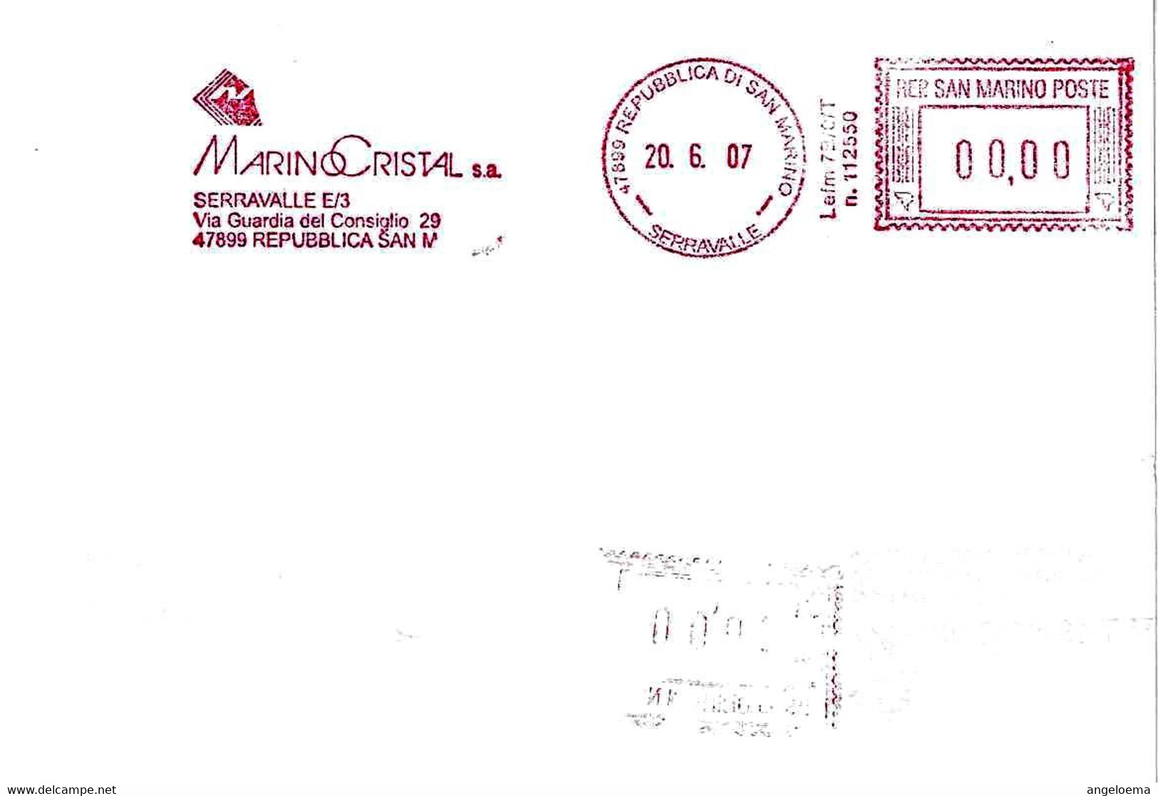 SAN MARINO - 2007 MARINO CRISTAL - Ema Affrancatura Meccanica Rossa Red Meter Su Busta Non Viaggiata - 2020 - Lettres & Documents