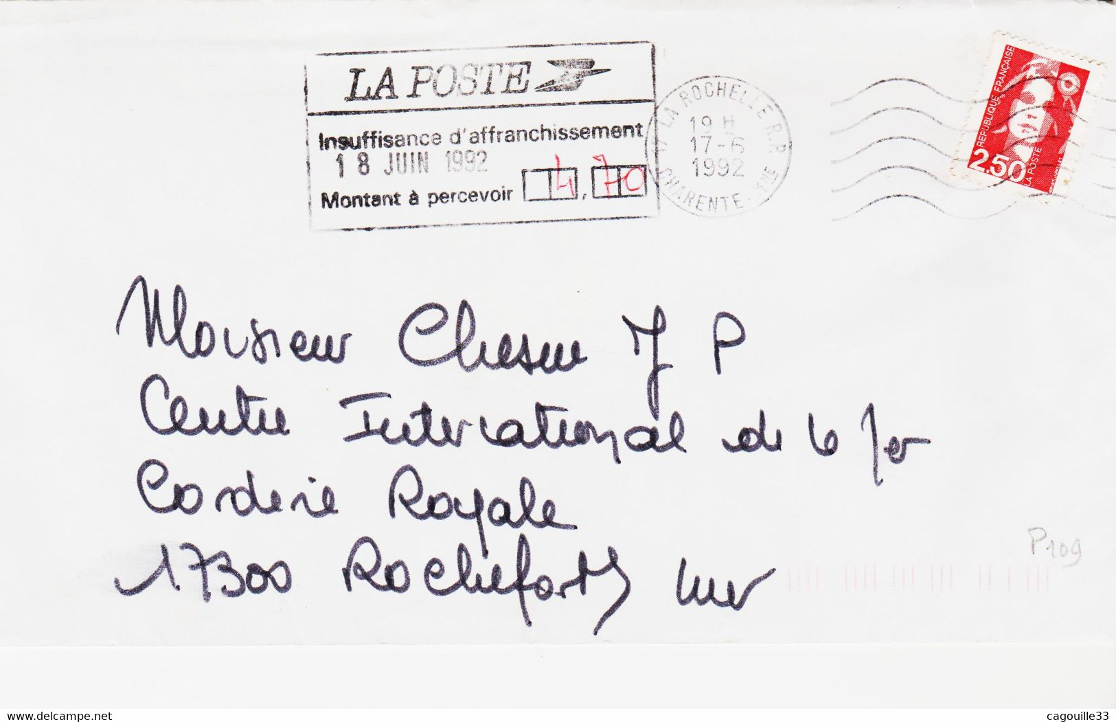 France,  De La Rochelle  En 1992 Pour Rochefort  Griffe Taxe à 4,7 F - 1960-.... Cartas & Documentos