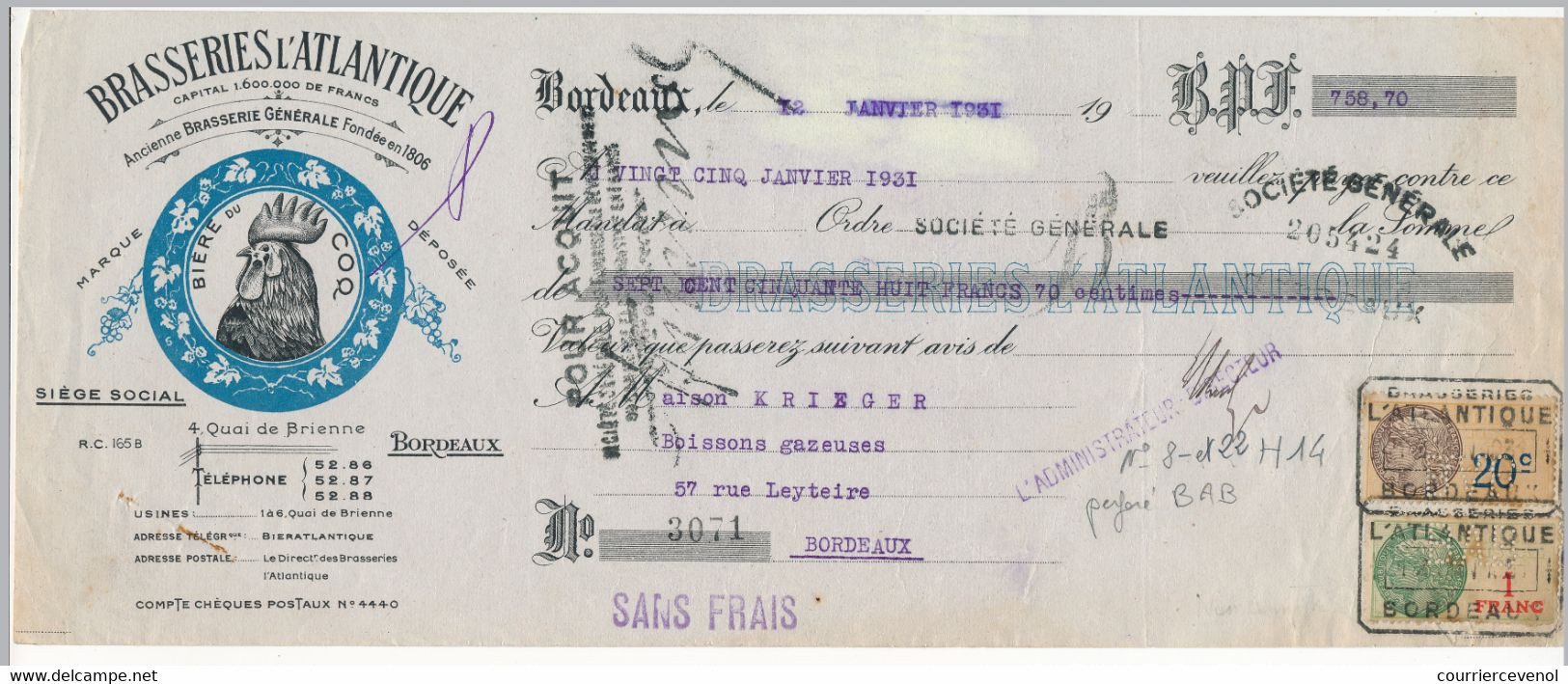 FRANCE - Fiscaux Type Daussy 10c Et 2 Francs PERFORES BAB Sur Traite Brasseries L'Atlantique - Bordeaux 1931 - Other & Unclassified