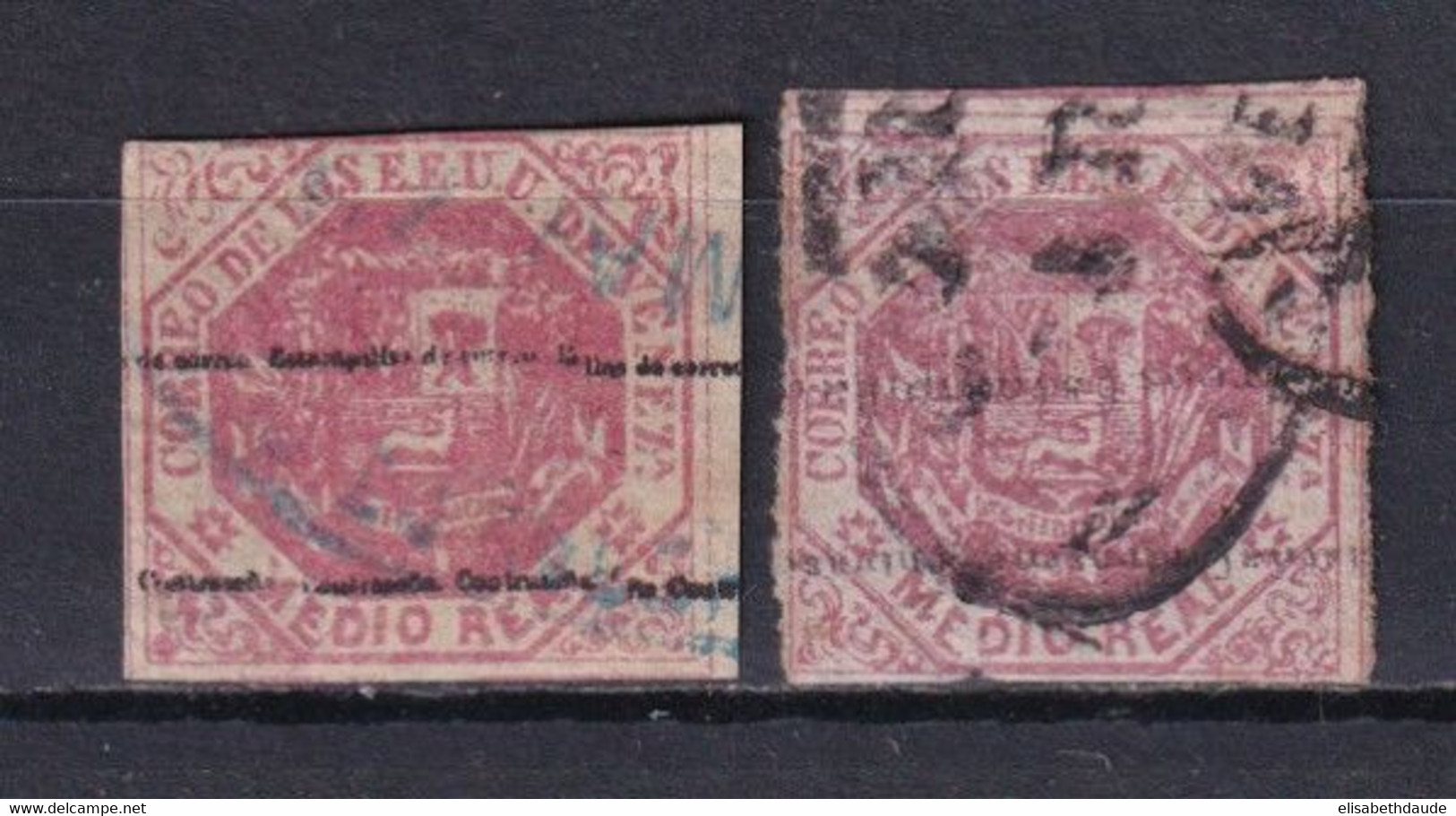 VENEZUELA - 1859 - YVERT N° 21 OBLITERE + 22 SURCHARGE RENVERSEE (DEFECTUEUX / LEGER AMINCI - THIN) - COTE = 45 EUR. - Venezuela