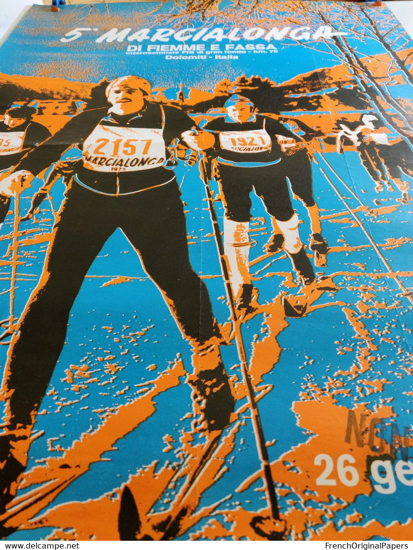 Affiche originale - Marcialonga 1975 ski de fond FIS di gran fondo sport d'hiver nordique Moena ENIT Venturelli Trento