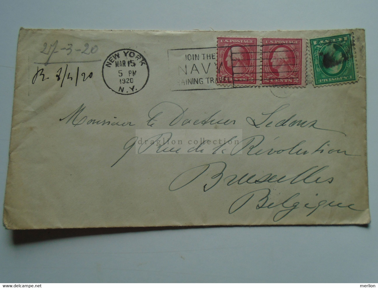 AV649.21  USA - Cover Cancel New York  1920 - Sent To Bruxelles Belgium - Join The Navy TrainingTravel  Hansdtamp - Cartas & Documentos