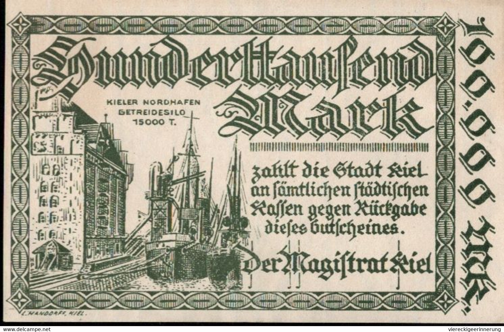 ! 1923 Notgeldschein 100000 Mark, Kiel, Inflation - Lokale Ausgaben