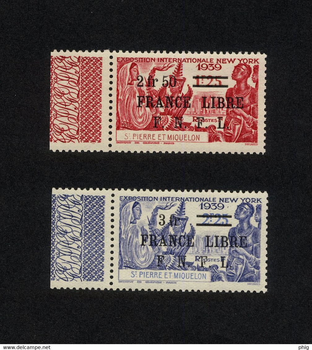 SPM- 2 TIMBRES NEUFS N° 283 ET 284 DE 1941/1942 "EXPOSITION DE NEW YORK NOUVELLES VALEURS" SURCHAGE FRANCE LIBRE FNFL - Neufs