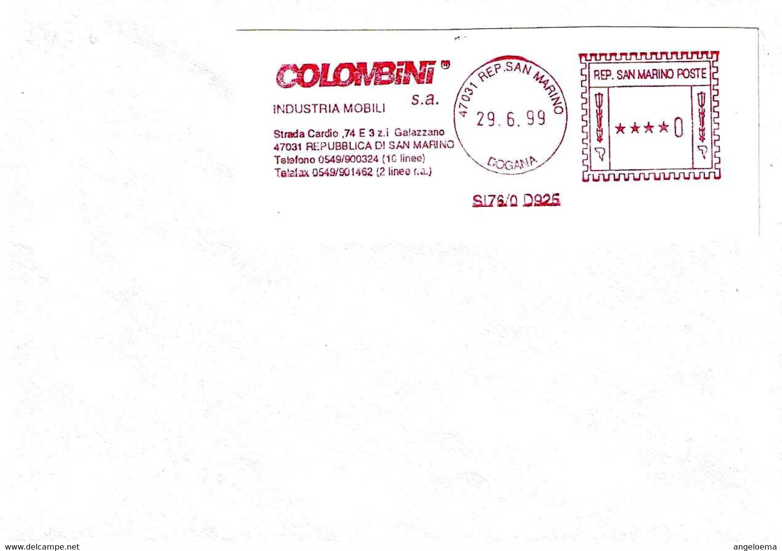 SAN MARINO - 1999 COLOMBINI Arredamenti - Ema Affrancatura Meccanica Rossa Red Meter Su Busta Non Viaggiata - 2026 - Lettres & Documents