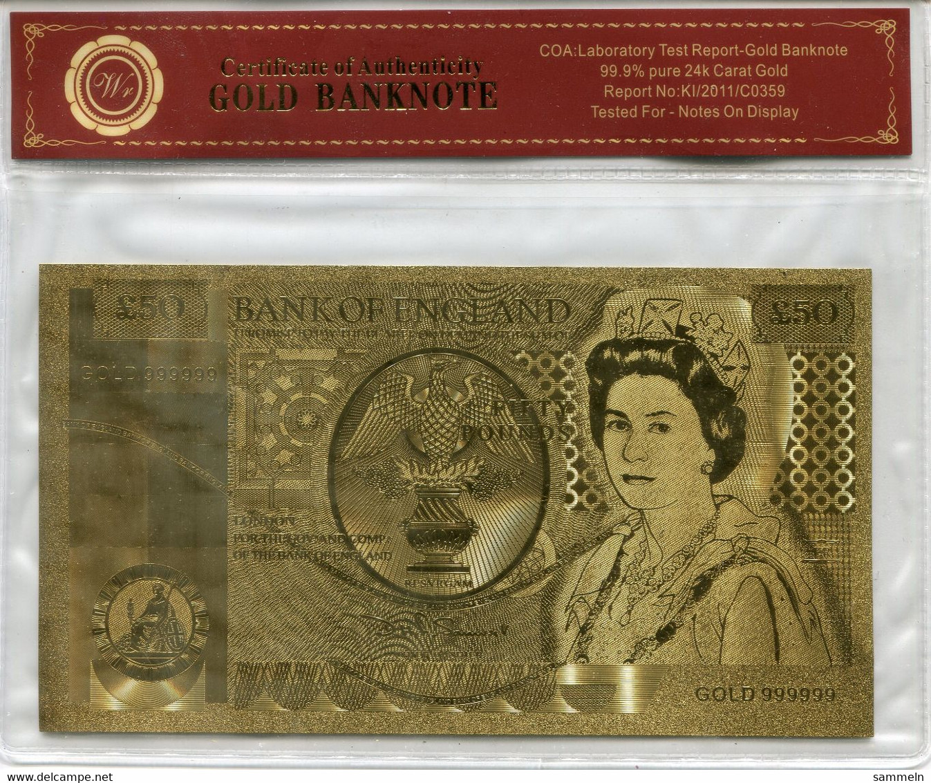 F0962 - GROSSBRITANNIEN - "Gold"-Banknote 50 GBP, 24 Karat, Rechts Leichter Bug - DEKORATIV - 50 Pounds