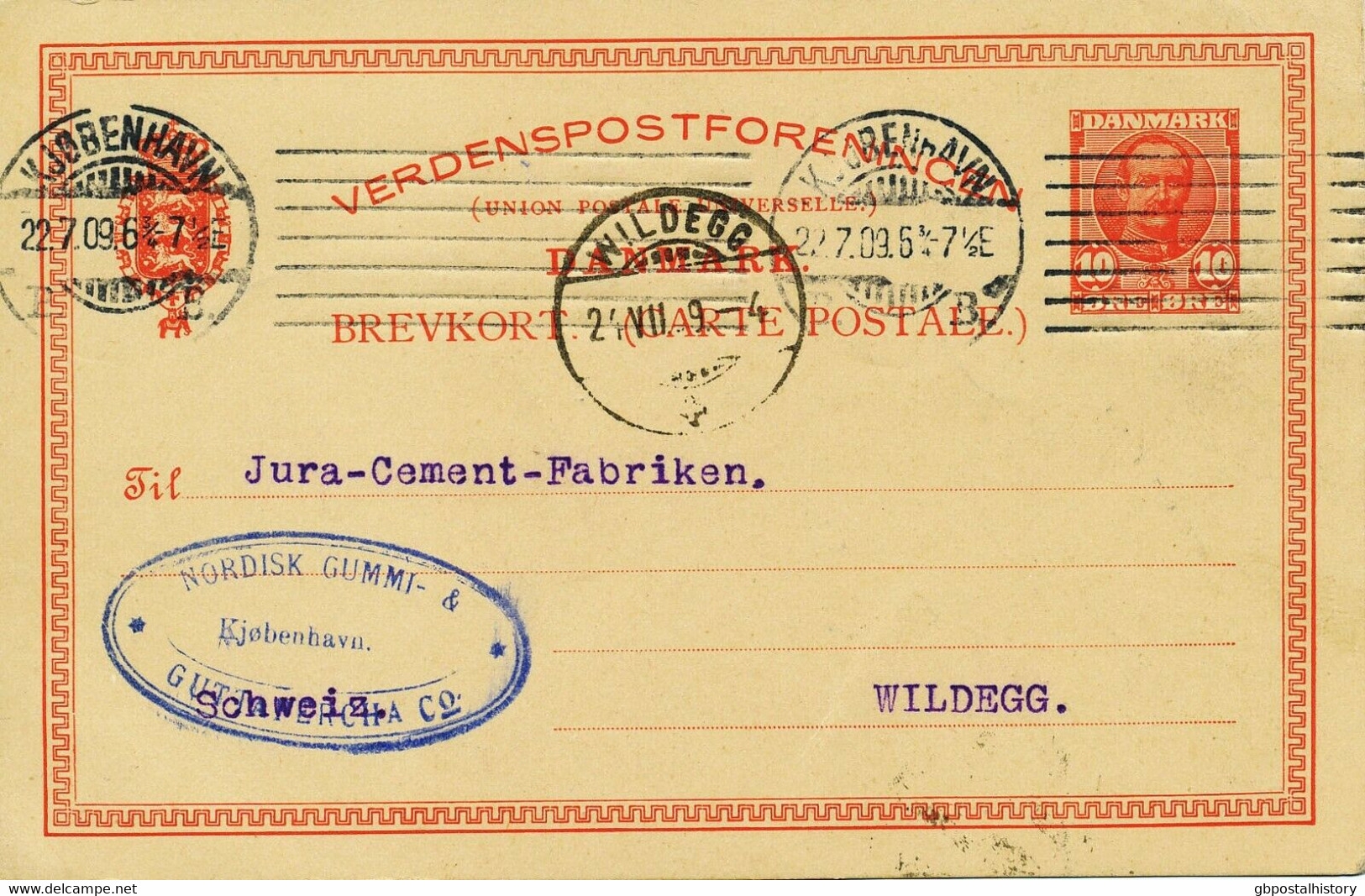 DÄNEMARK 1909/13 10 Ö König Frederik, Fünf Kab.-GA-Postkrt. N. Bayern/Schweiz - Covers & Documents