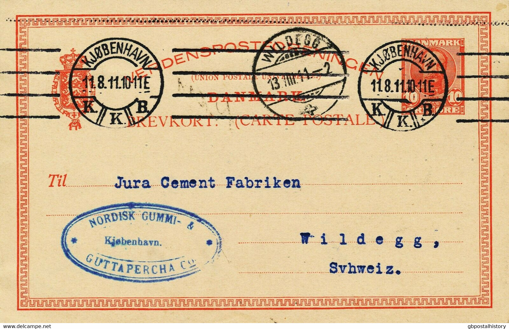 DÄNEMARK 1909/13 10 Ö König Frederik, Fünf Kab.-GA-Postkrt. N. Bayern/Schweiz - Briefe U. Dokumente