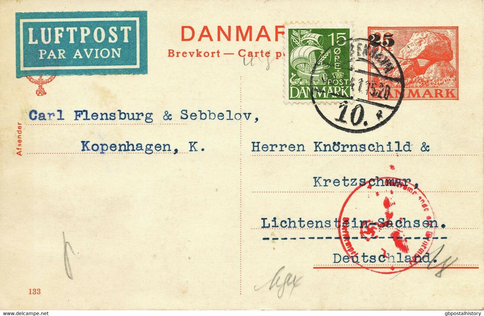 DÄNEMARK 1941/2 15 Ö U 25 Ö Zwei Pra.-GA-Postkrt. Jeweils M 15 Ö Zusatzfrankatur FLUGPOST-ZENSUR - Luftpost