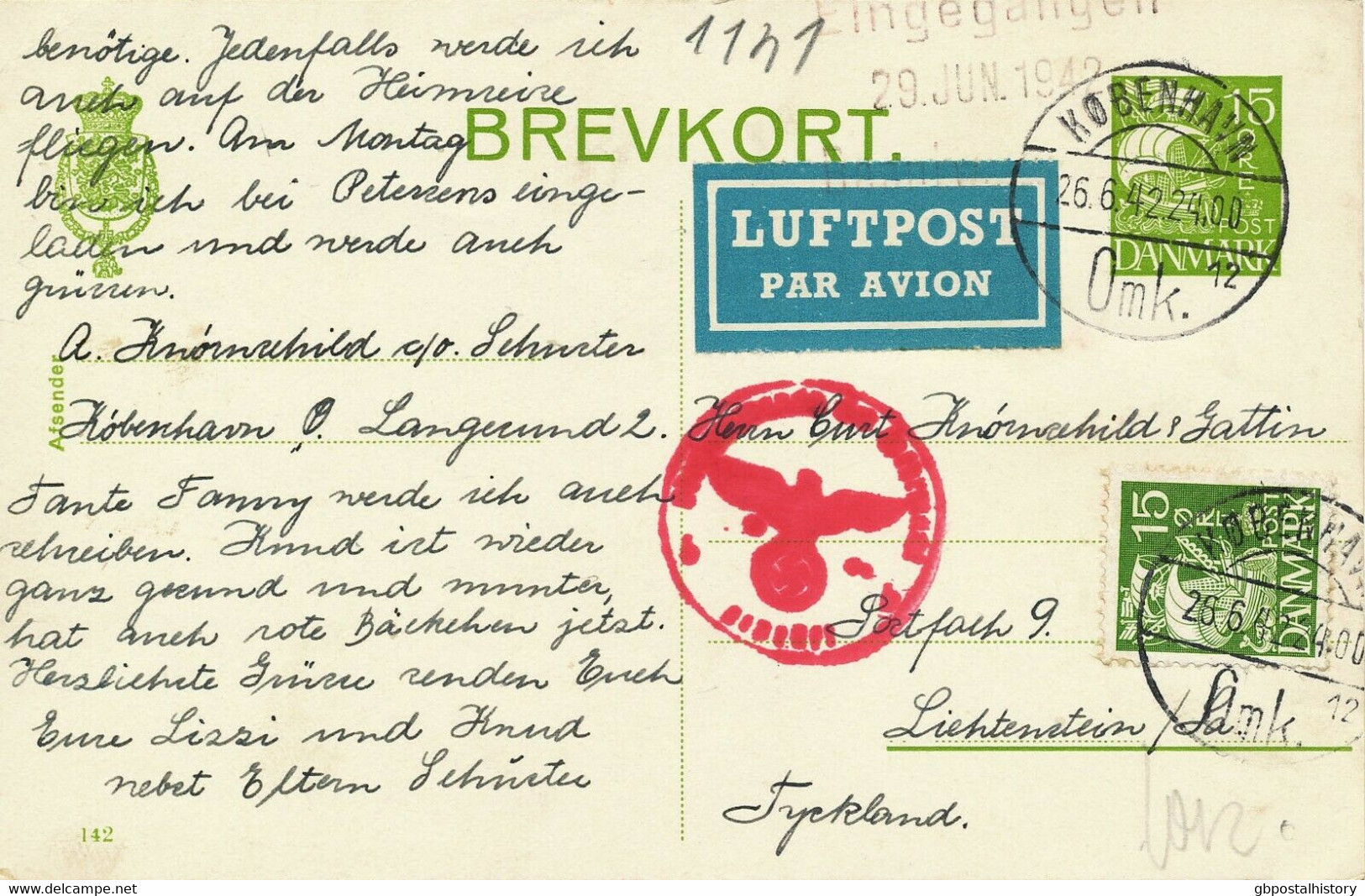 DÄNEMARK 1941/2 15 Ö U 25 Ö Zwei Pra.-GA-Postkrt. Jeweils M 15 Ö Zusatzfrankatur FLUGPOST-ZENSUR - Airmail