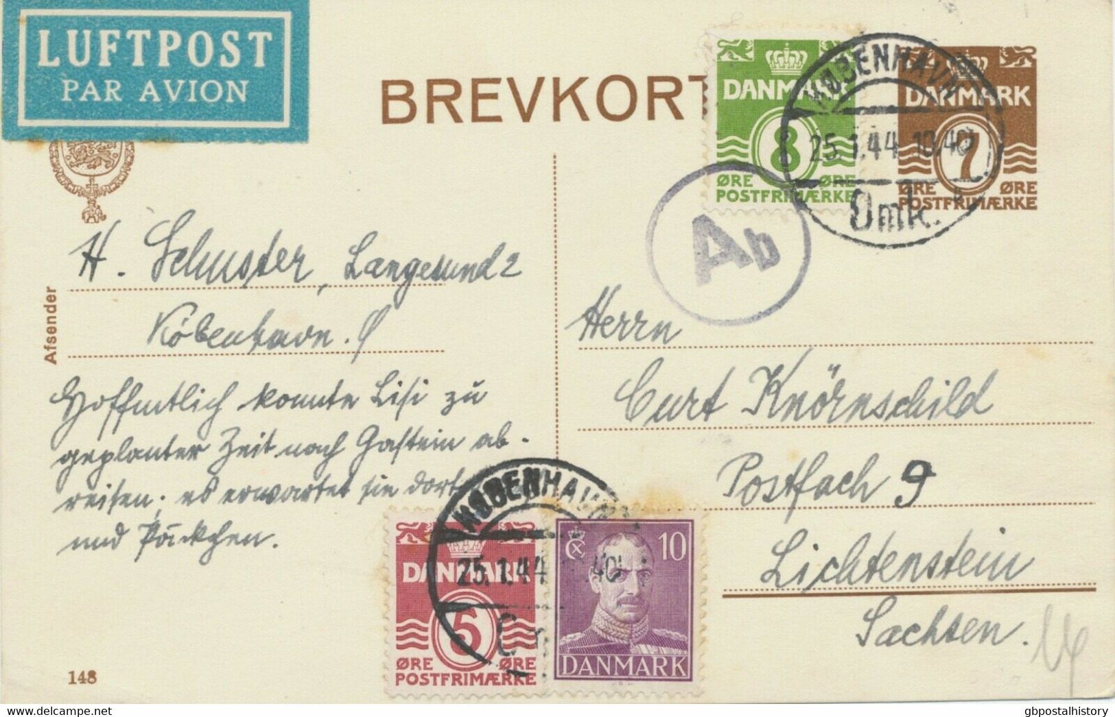 DÄNEMARK 1944 7 Öre Ziffer GA-Postkarte M. Zusatzfrankatur Als LUFTPOST-Karte - Luftpost