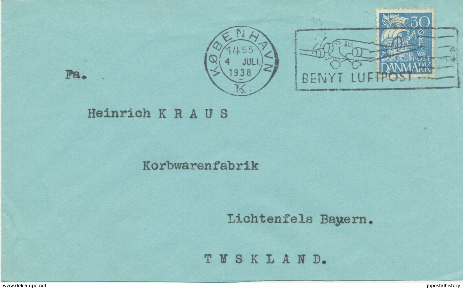 DÄNEMARK 1938, Schöner Flugpost-Werbestempel „KOBENHAVN / K. / BENYT LUFTPOST“ - Luchtpostzegels