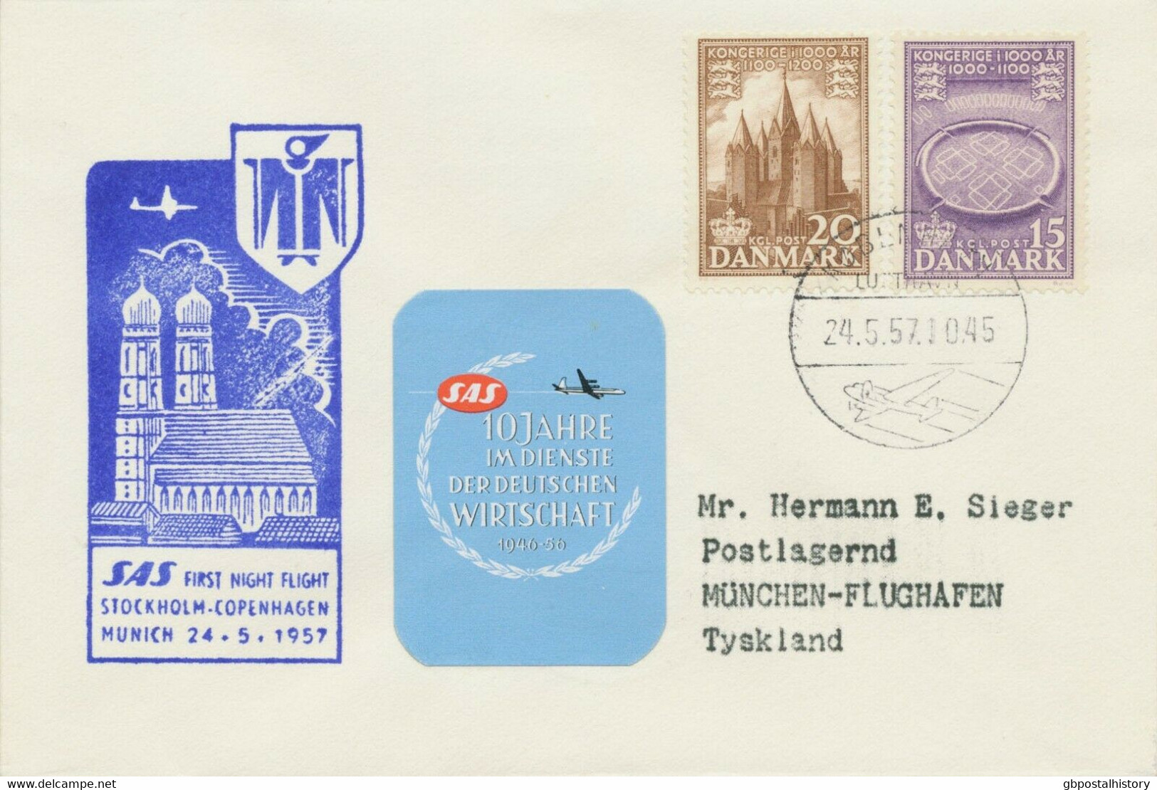 DÄNEMARK 1957, Kab.-Erstflug Der SAS First Night Flight "KOPENHAGEN - MÜNCHEN" - Airmail