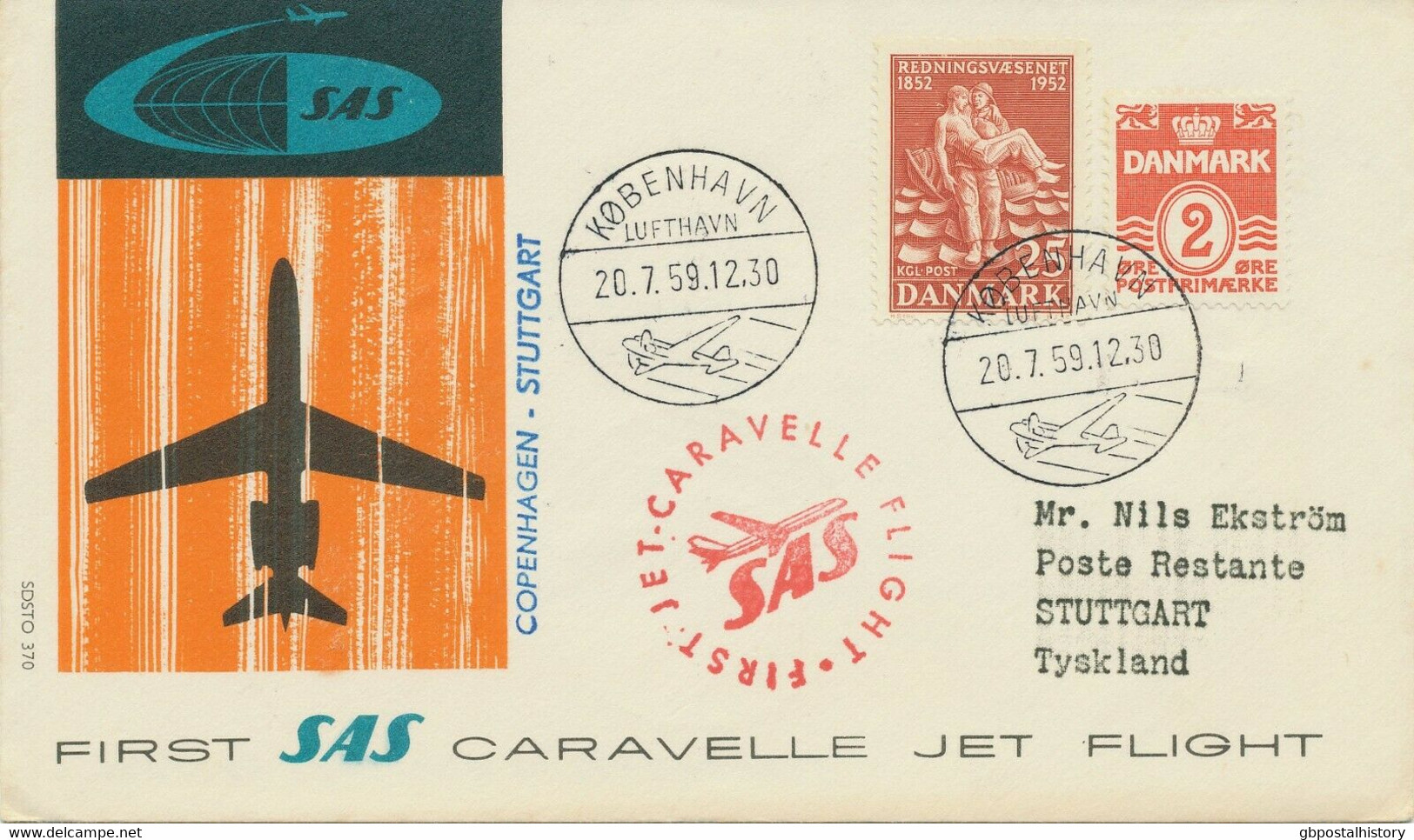 DÄNEMARK 1959, Kab.-Erstflug Der SAS M. Caravelle Jet "KOPENHAGEN - STUTTGART" - Posta Aerea