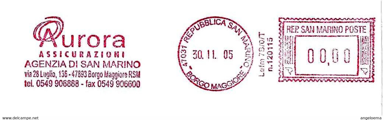 SAN MARINO - 2005 AURORA ASSICURAZIONI - Ema Affrancatura Meccanica Rossa Red Meter Su Busta Non Viaggiata - 2040 - Lettres & Documents