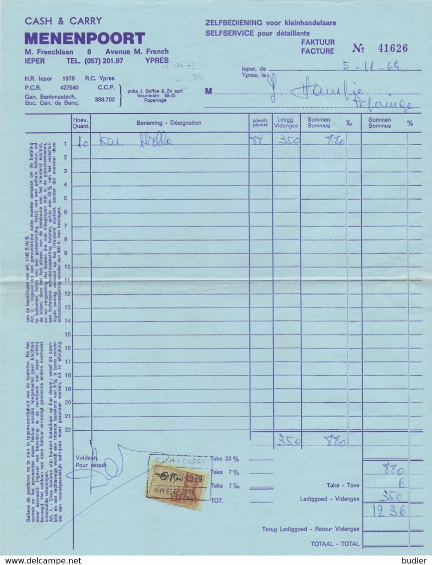 1969: Factuur Van/Facture De ## Cash & Carry MENENPOORT, M.Frenchlaan, 8, IEPER ## Aan/à Brouwerij HAUSPIE, POPERINGE. - Alimentaire