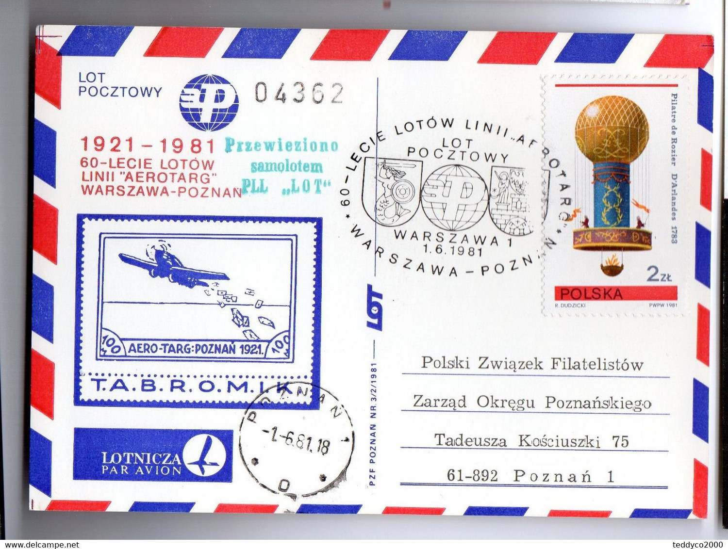 POLSKA 60 LECIE LOTOW LINII AEROTARG WARSAWA POZNAN  1921-1981 - Altri & Non Classificati