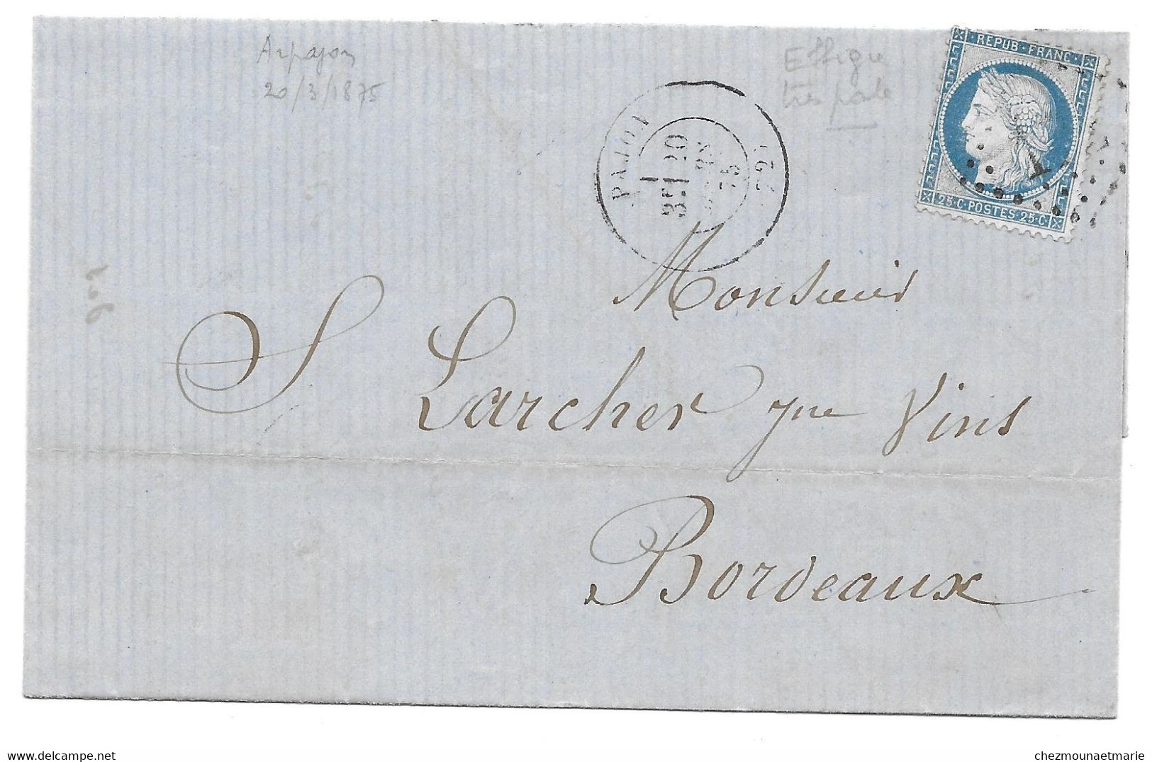 1875 ARPAJON - POUR LARCHER A BORDEAUX - CERES SUR PLI - 1871-1875 Ceres