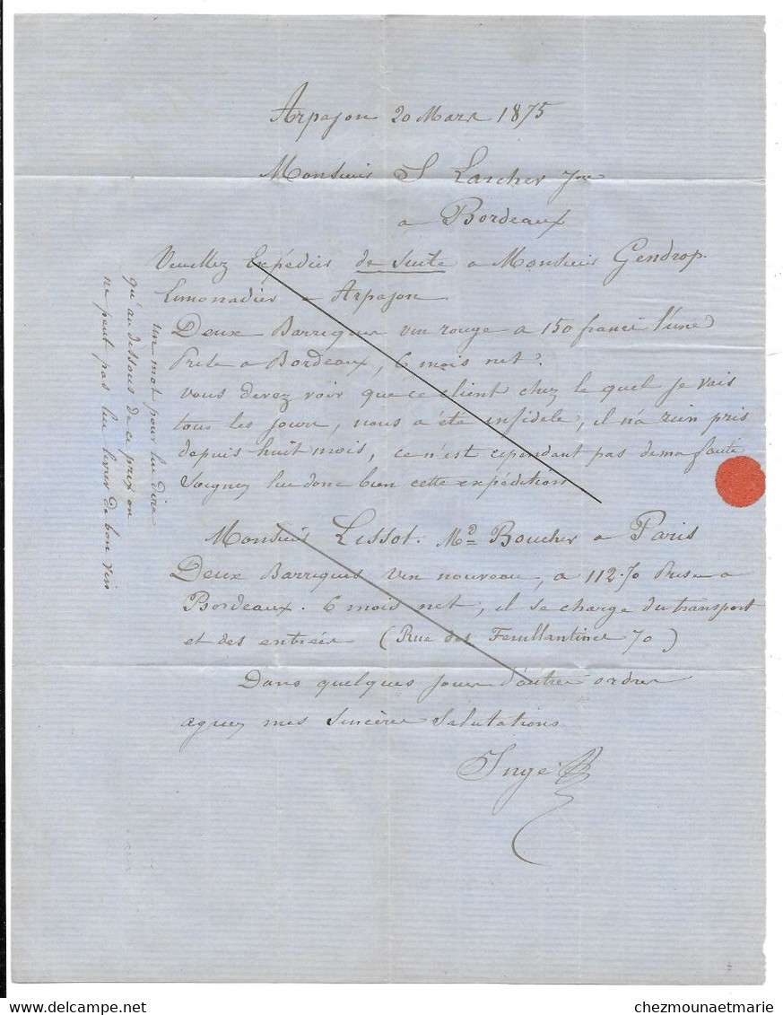 1875 ARPAJON - POUR LARCHER A BORDEAUX - CERES SUR PLI - 1871-1875 Cérès